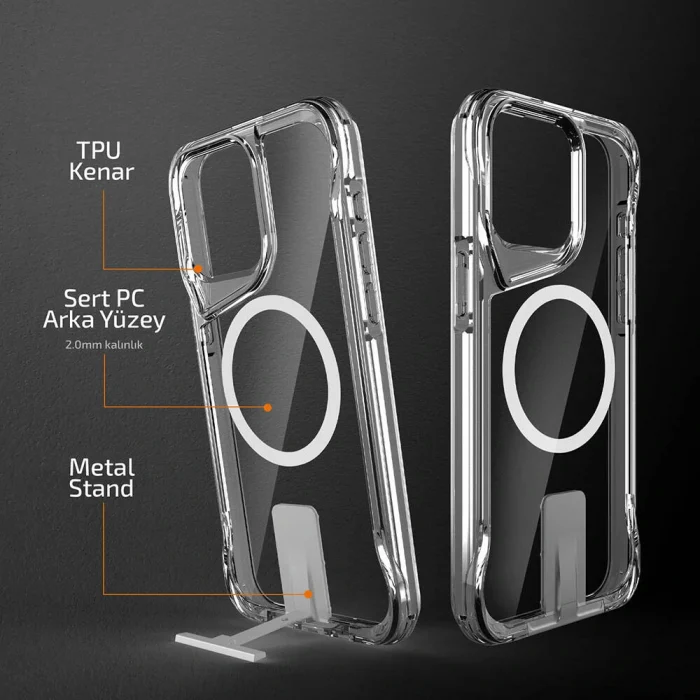iPhone 15 Pro Kılıf M-safe Şarj Özellikli T-Max Standlı Kapak