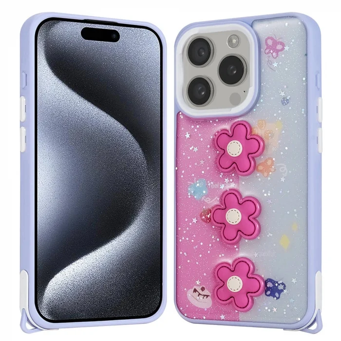 iPhone 15 Pro Kılıf Parlayan Simli Kabartma Figürlü Cevze Kapak
