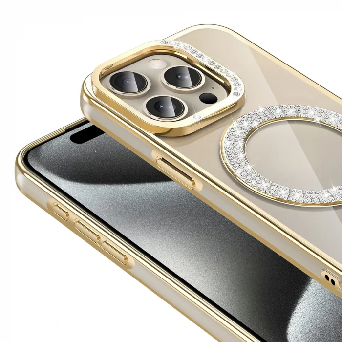 iPhone 15 Pro Kılıf Pırlanta Taş Tasarımlı M-safe Şarj Özellikli Karetta Silikon Kapak