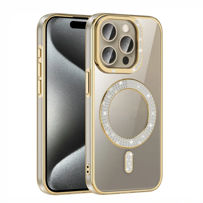 iPhone 15 Pro Kılıf Pırlanta Taş Tasarımlı M-safe Şarj Özellikli Karetta Silikon Kapak