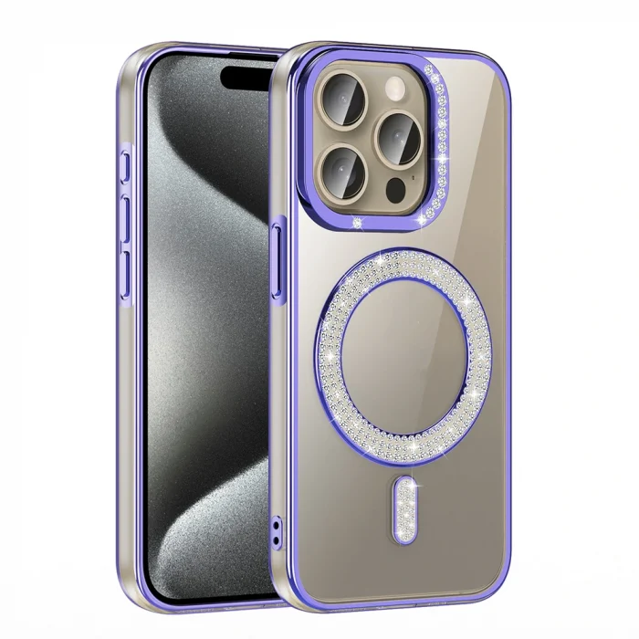 iPhone 15 Pro Kılıf Pırlanta Taş Tasarımlı M-safe Şarj Özellikli Karetta Silikon Kapak