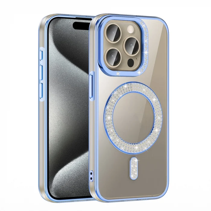 iPhone 15 Pro Kılıf Pırlanta Taş Tasarımlı M-safe Şarj Özellikli Karetta Silikon Kapak