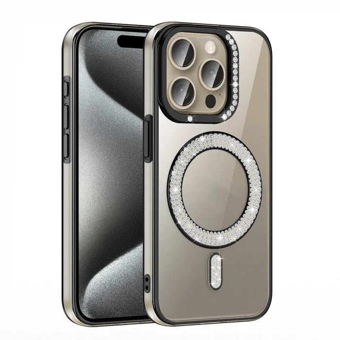 iPhone 15 Pro Kılıf Pırlanta Taş Tasarımlı M-safe Şarj Özellikli Karetta Silikon Kapak