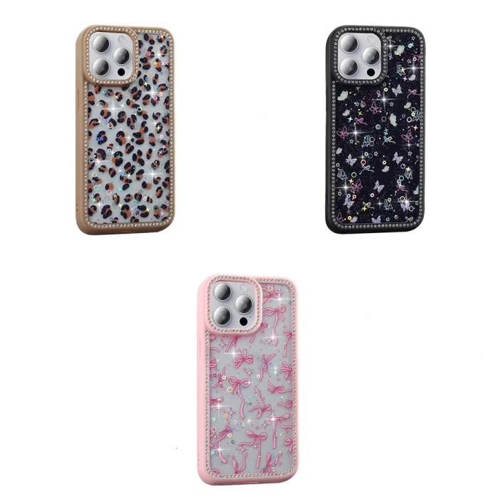 iPhone 15 Pro Kılıf Taşlı ve Simli Tasarım Azra Kapak