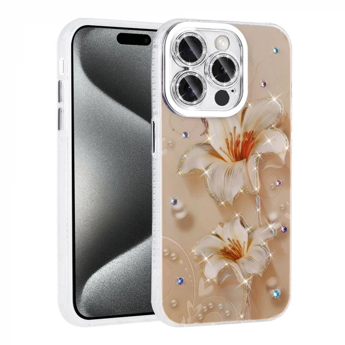 iPhone 15 Pro Max Kılıf Çiçek Desenli Parlak Taşlı Sert Silikon Garden Kapak