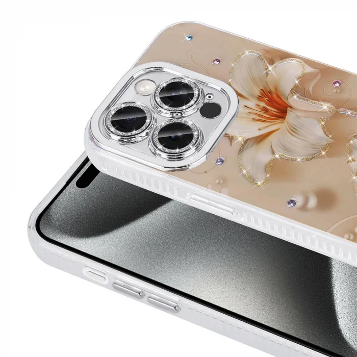 iPhone 15 Pro Max Kılıf Çiçek Desenli Parlak Taşlı Sert Silikon Garden Kapak