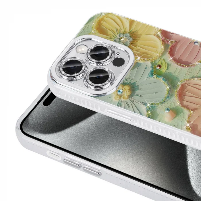 iPhone 15 Pro Max Kılıf Çiçek Desenli Parlak Taşlı Sert Silikon Garden Kapak