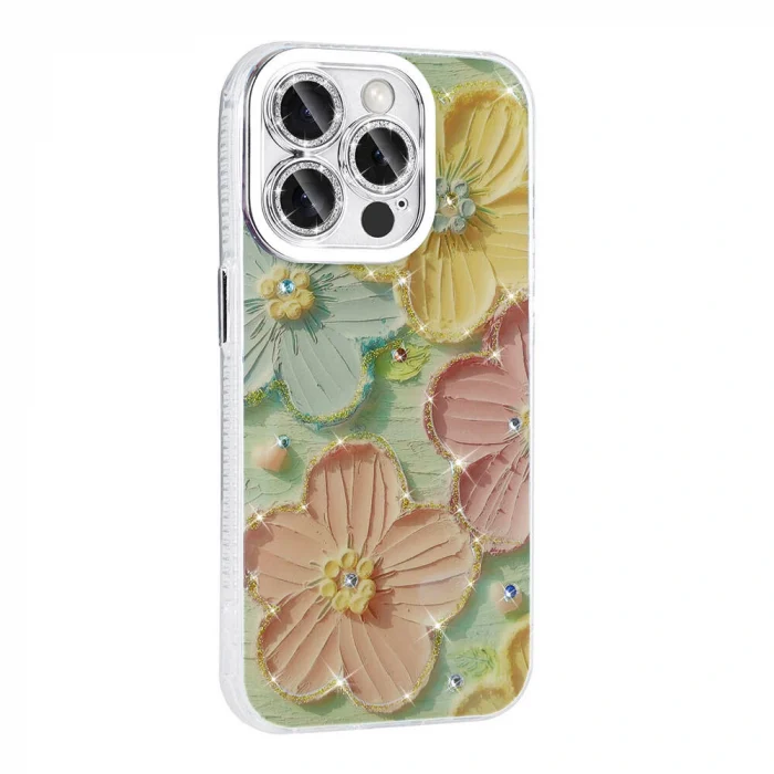 iPhone 15 Pro Max Kılıf Çiçek Desenli Parlak Taşlı Sert Silikon Garden Kapak