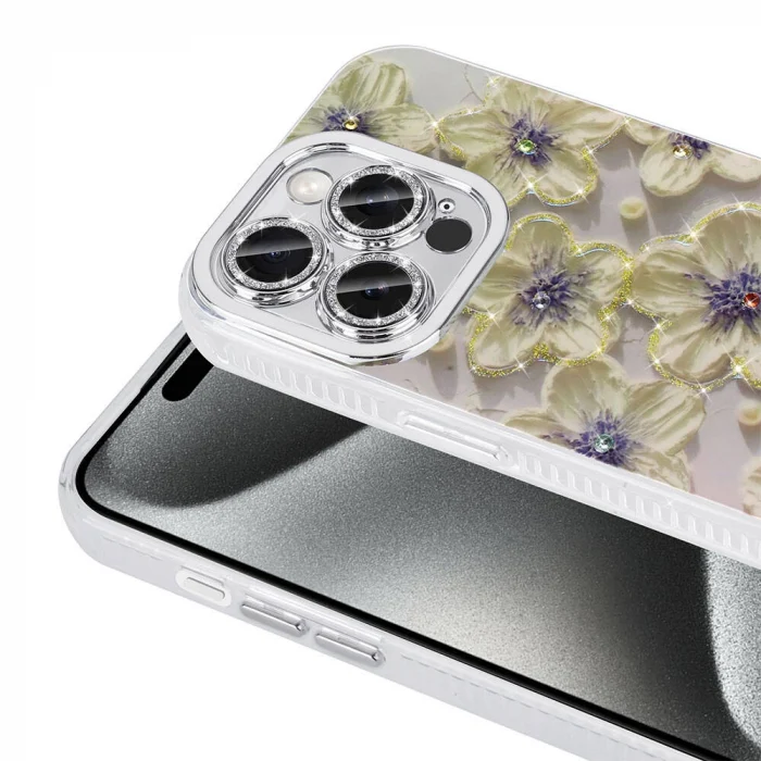 iPhone 15 Pro Max Kılıf Çiçek Desenli Parlak Taşlı Sert Silikon Garden Kapak