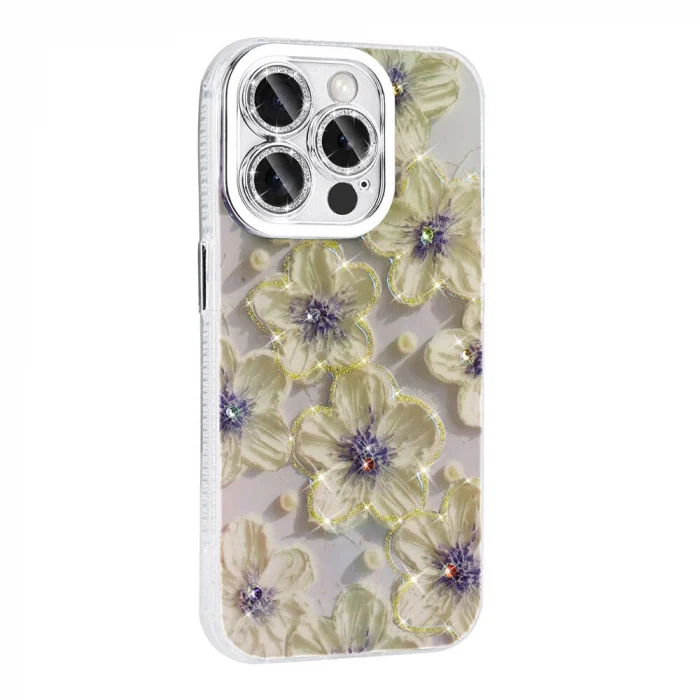 iPhone 15 Pro Max Kılıf Çiçek Desenli Parlak Taşlı Sert Silikon Garden Kapak