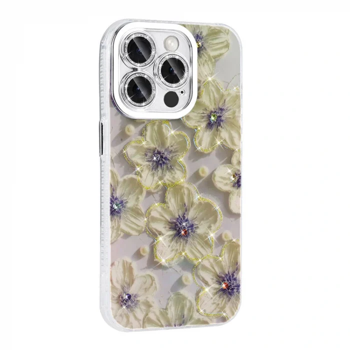 iPhone 15 Pro Max Kılıf Çiçek Desenli Parlak Taşlı Sert Silikon Garden Kapak