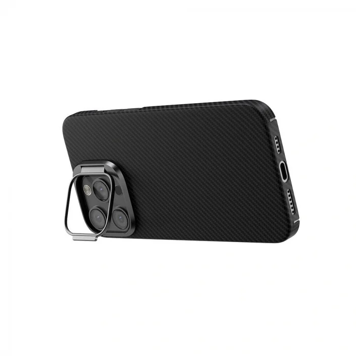 iPhone 15 Pro Max Kılıf M-safe Şarj Özellikli 600D Kevlar Krek Karbon Standlı Kapak