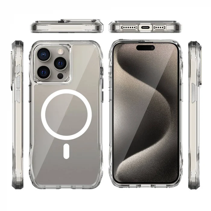 iPhone 15 Pro Max Kılıf M-safe Şarj Özellikli Airbagli Şeffaf İncek Kapak