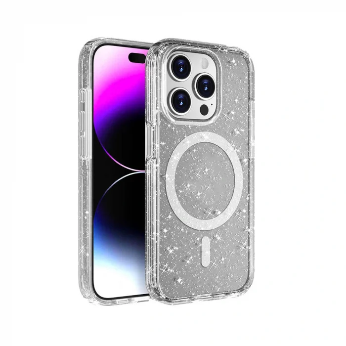 iPhone 15 Pro Max Kılıf M-safe Şarj Özellikli Parlayan Simli Saydam Renkli Allstar Kapak