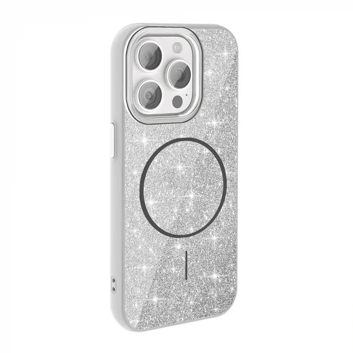 iPhone 15 Pro Max Kılıf M-safe Şarj Özellikli Parlayan Simli Okso Kapak