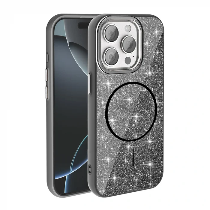 iPhone 15 Pro Max Kılıf M-safe Şarj Özellikli Parlayan Simli Okso Kapak