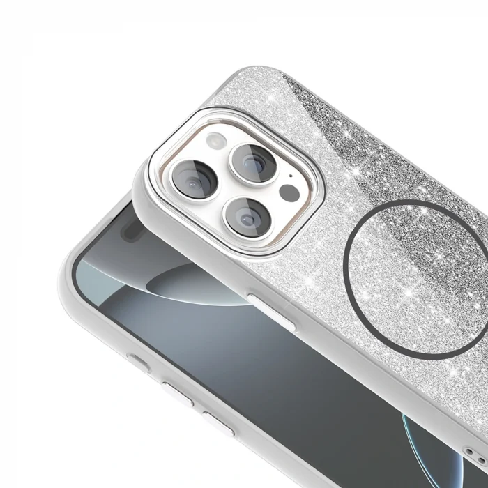 iPhone 15 Pro Max Kılıf M-safe Şarj Özellikli Parlayan Simli Okso Kapak