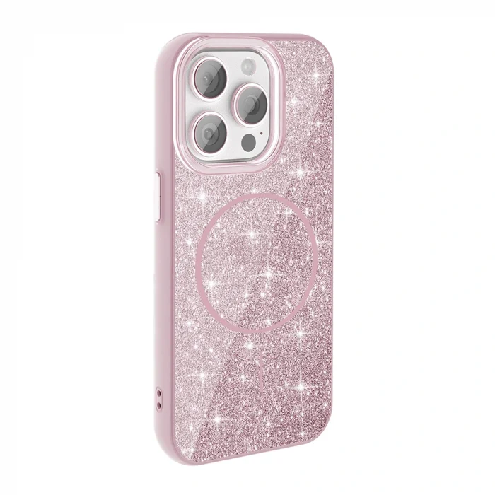 iPhone 15 Pro Max Kılıf M-safe Şarj Özellikli Parlayan Simli Okso Kapak