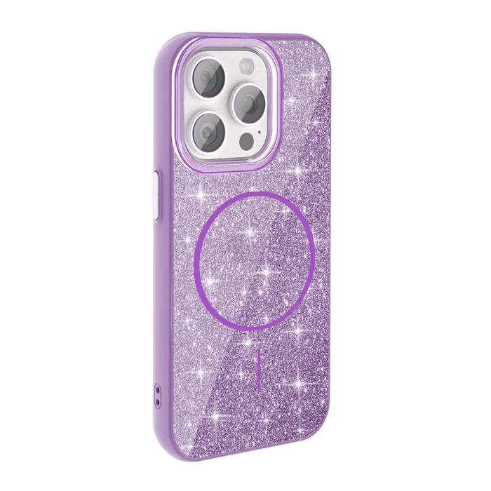 iPhone 15 Pro Max Kılıf M-safe Şarj Özellikli Parlayan Simli Kapak