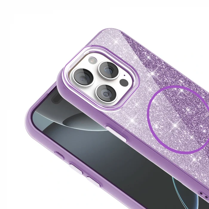 iPhone 15 Pro Max Kılıf M-safe Şarj Özellikli Parlayan Simli Okso Kapak