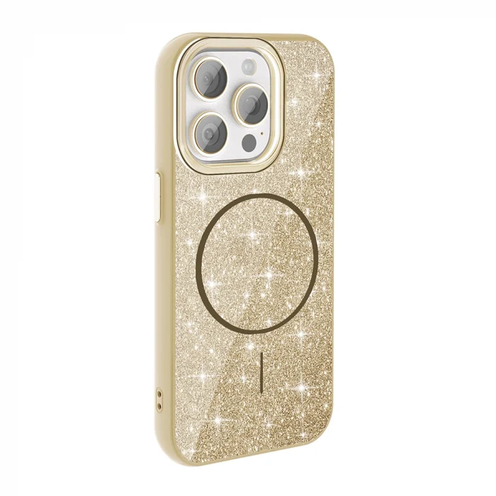 iPhone 15 Pro Max Kılıf M-safe Şarj Özellikli Parlayan Simli Kapak