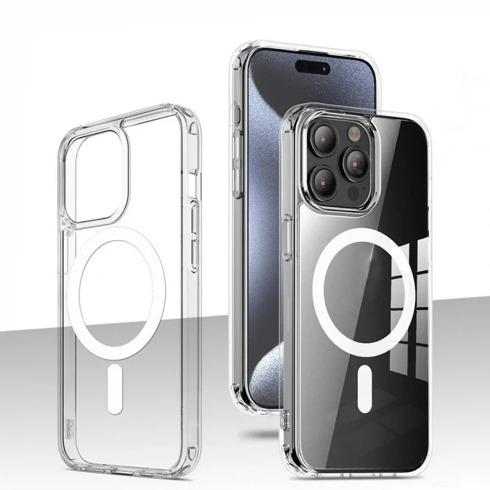 iPhone 15 Pro Max Kılıf M-safe Şarj Özellikli Şeffaf Sert PC Embos Kapak