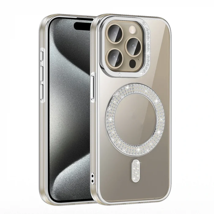 iPhone 15 Pro Max Kılıf Pırlanta Taş Tasarımlı M-safe Şarj Özellikli Karetta Silikon Kapak