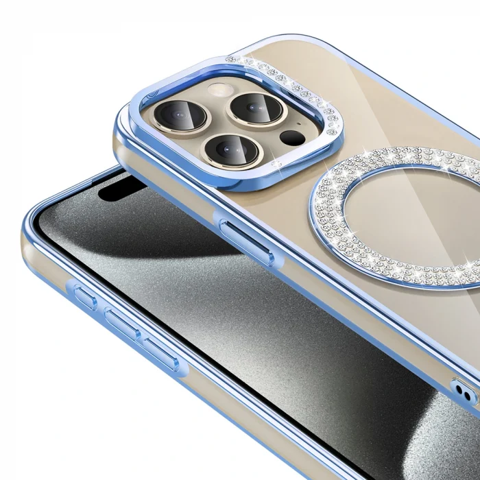 iPhone 15 Pro Max Kılıf Pırlanta Taş Tasarımlı M-safe Şarj Özellikli Karetta Silikon Kapak