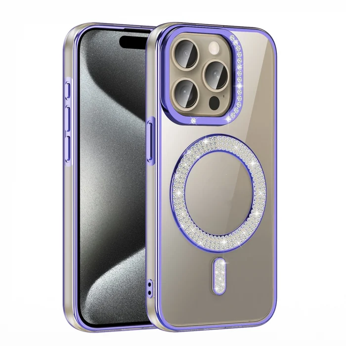 iPhone 15 Pro Max Kılıf Pırlanta Taş Tasarımlı M-safe Şarj Özellikli Karetta Silikon Kapak