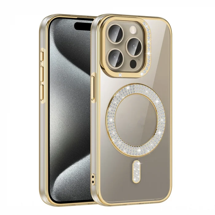 iPhone 15 Pro Max Kılıf Pırlanta Taş Tasarımlı M-safe Şarj Özellikli Karetta Silikon Kapak