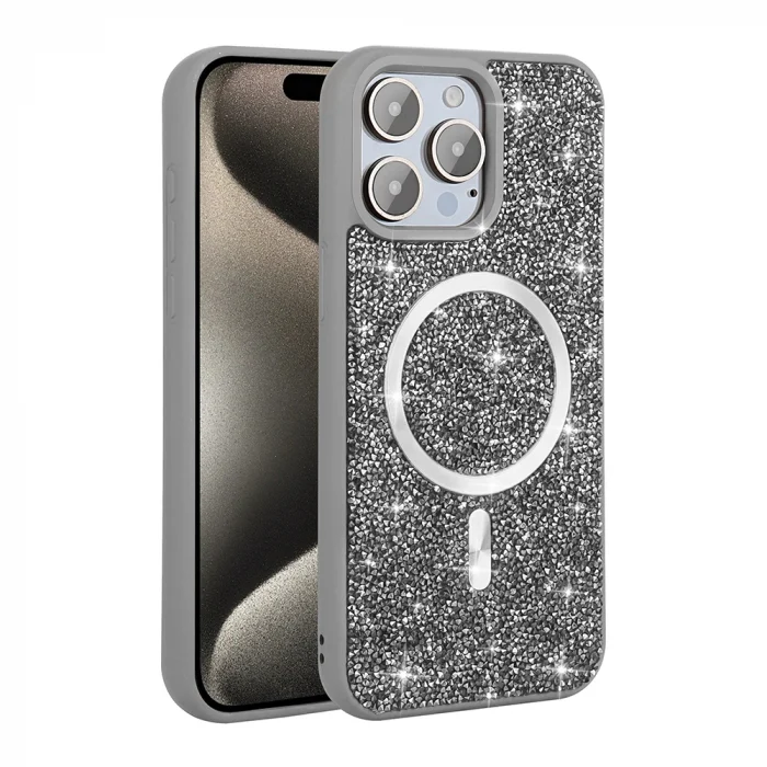 iPhone 15 Pro Max Kılıf Pırlanta Tasarımlı M-safe Şarj Özellikli Mozaik Silikon Kapak