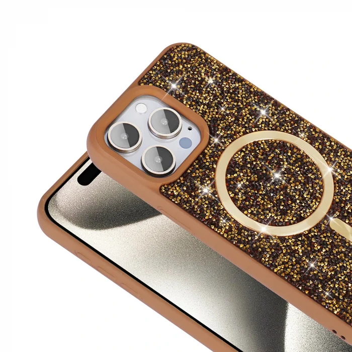 iPhone 15 Pro Max Kılıf Pırlanta Tasarımlı M-safe Şarj Özellikli Mozaik Silikon Kapak