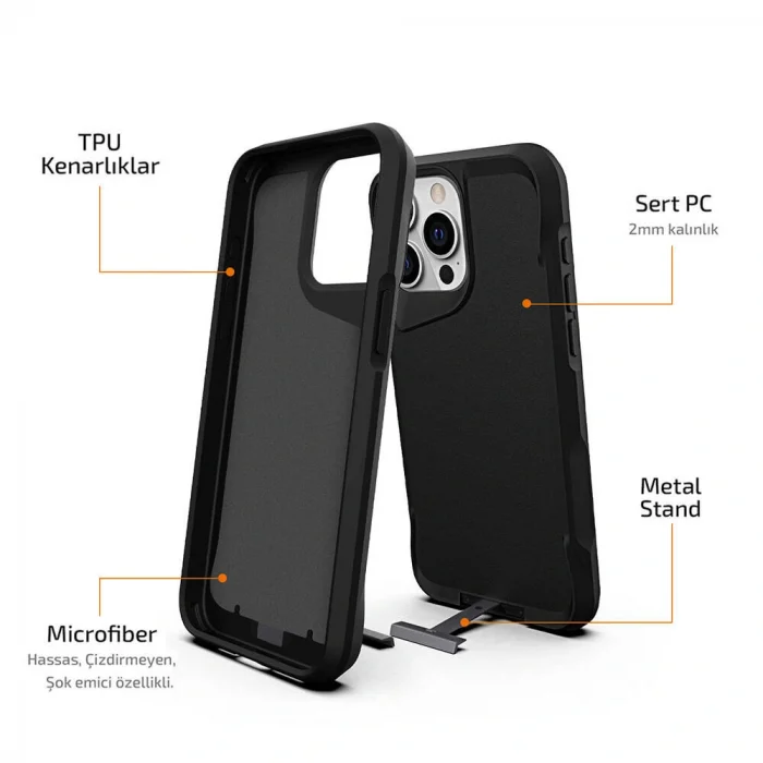 iPhone 15 Pro Max Kılıf Airbag Kenarlı T-Max Mat Standlı Kapak