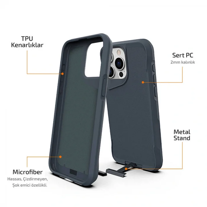 iPhone 15 Pro Max Kılıf Airbag Kenarlı T-Max Mat Standlı Kapak