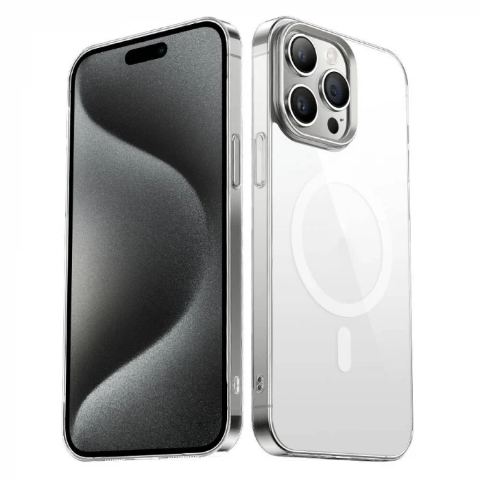 iPhone 15 Pro Max Kılıf Wireless Şarj Özellikli Şeffaf G-Glass Kapak