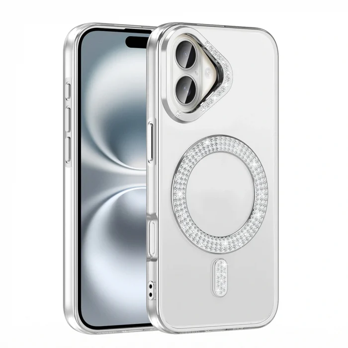 iPhone 16 Kılıf Pırlanta Taş Tasarımlı M-safe Şarj Özellikli Karetta Silikon Kapak