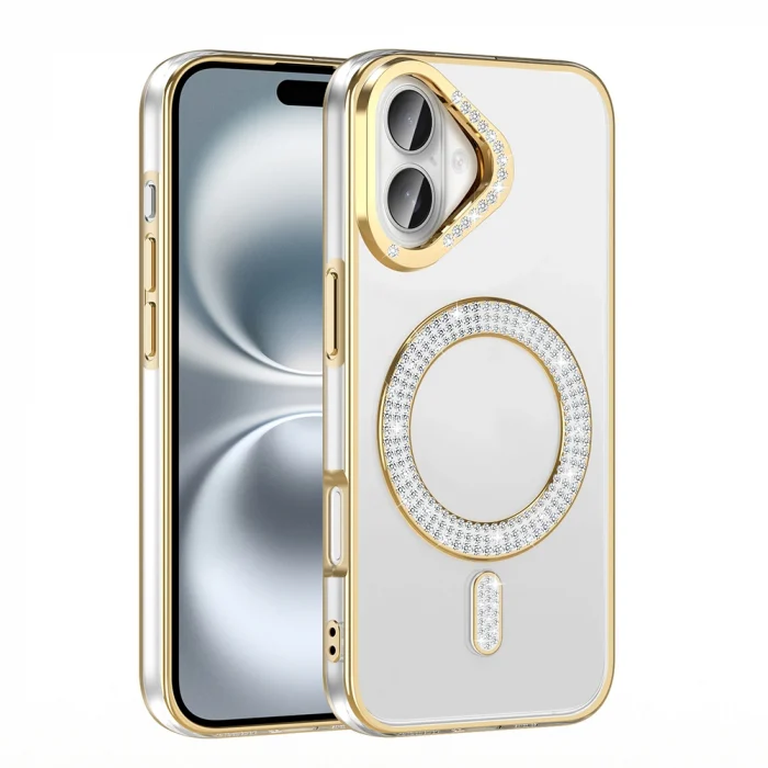 iPhone 16 Kılıf Pırlanta Taş Tasarımlı M-safe Şarj Özellikli Karetta Silikon Kapak