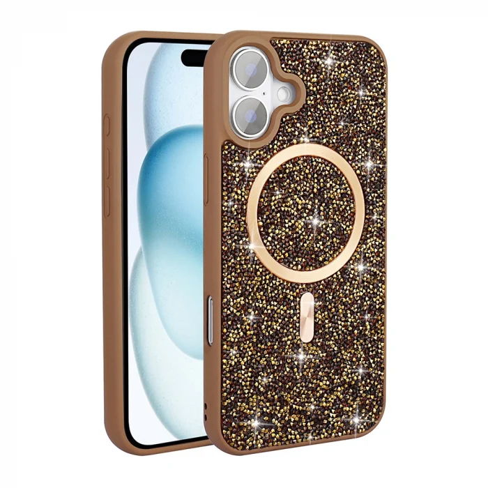 iPhone 16 Kılıf Pırlanta Tasarımlı M-safe Şarj Özellikli Mozaik Silikon Kapak