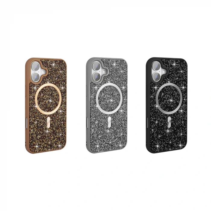 iPhone 16 Kılıf Pırlanta Tasarımlı M-safe Şarj Özellikli Mozaik Silikon Kapak