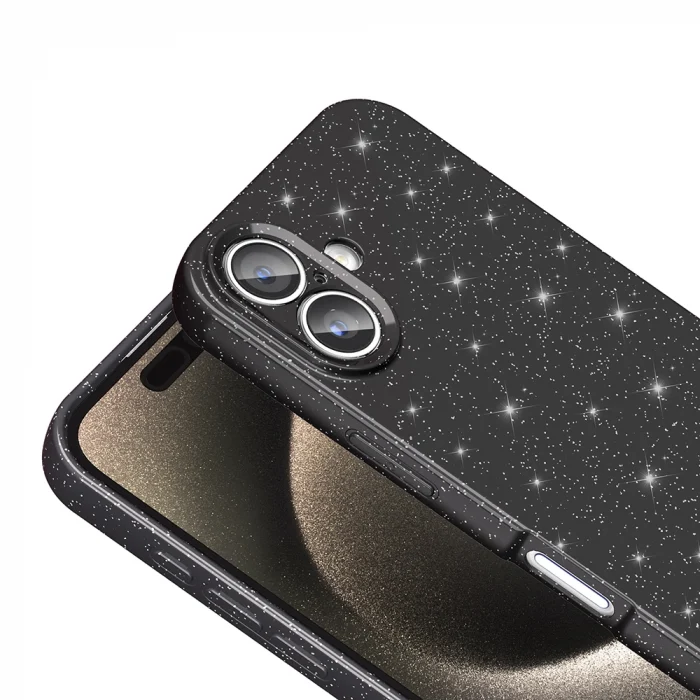 iPhone 16 Plus Kılıf Kamera Korumalı Simli Lüks Koton Kapak