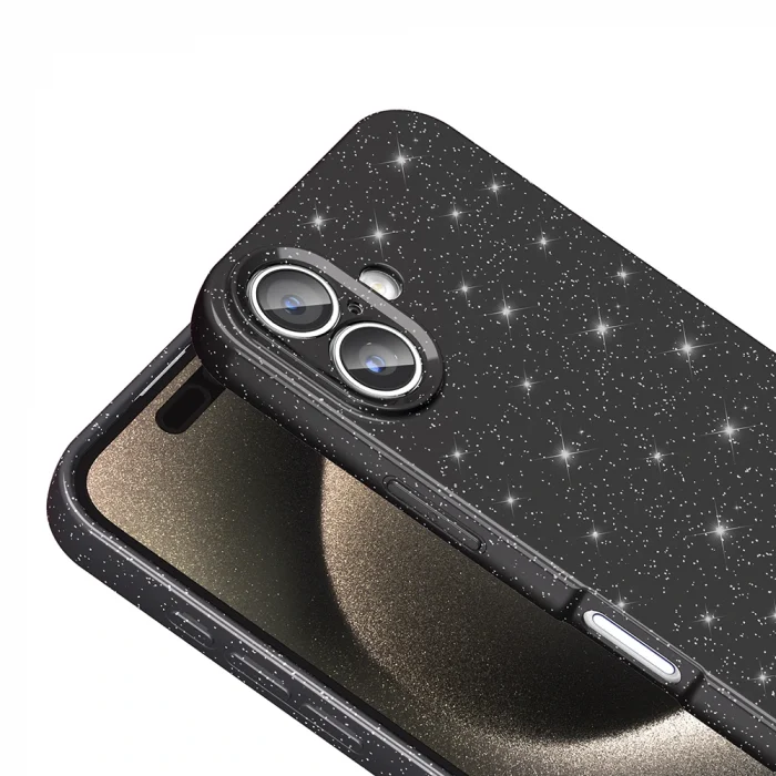 iPhone 16 Plus Kılıf Kamera Korumalı Simli Lüks Koton Kapak