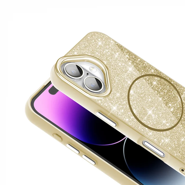 iPhone 16 Plus Kılıf M-safe Şarj Özellikli Parlayan Simli Okso Kapak