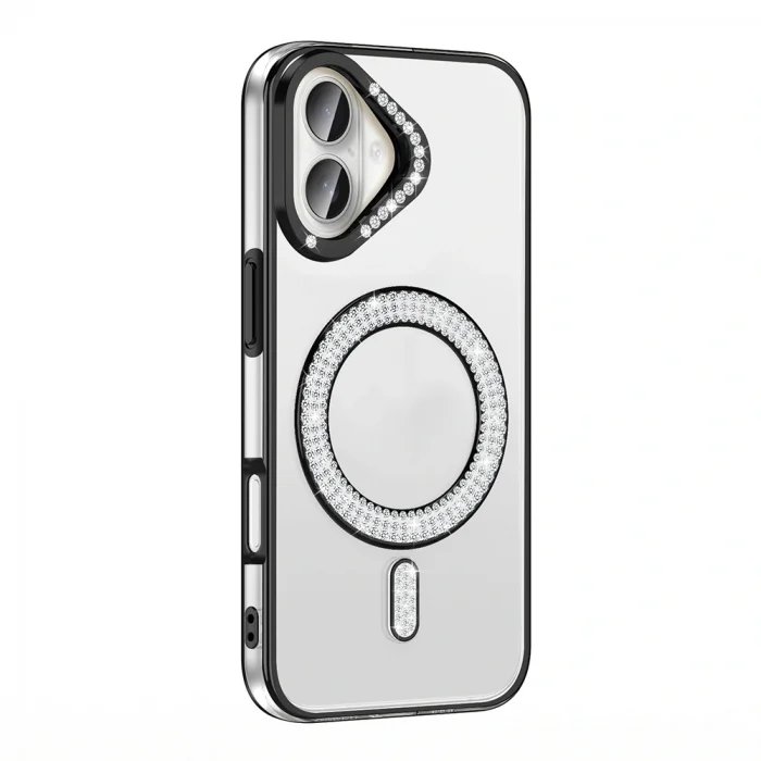 iPhone 16 Plus Kılıf Pırlanta Taş Tasarımlı M-safe Şarj Özellikli Karetta Silikon Kapak