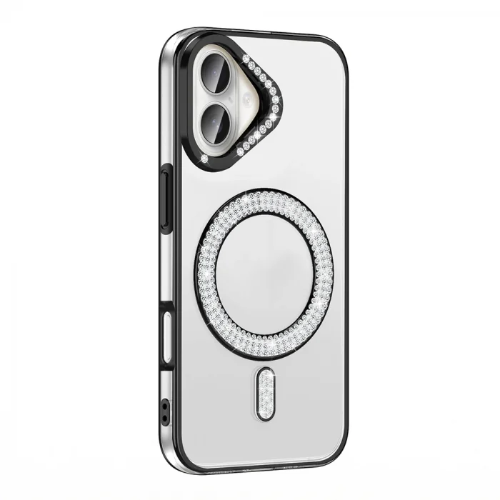 iPhone 16 Plus Kılıf Pırlanta Taş Tasarımlı M-safe Şarj Özellikli Karetta Silikon Kapak