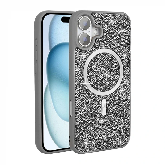 iPhone 16 Plus Kılıf Pırlanta Tasarımlı M-safe Şarj Özellikli Mozaik Silikon Kapak