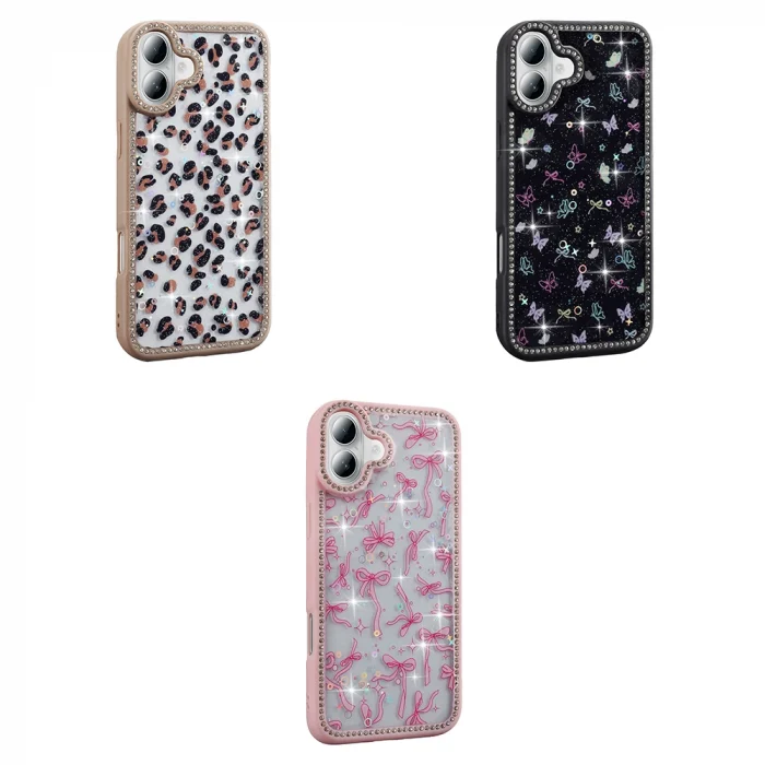 iPhone 16 Plus Kılıf Taşlı ve Simli Tasarım Azra Kapak