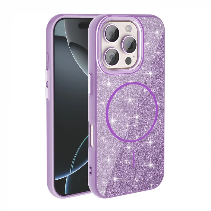 iPhone 16 Pro Kılıf M-safe Şarj Özellikli Parlayan Simli Okso Kapak