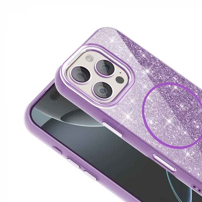 iPhone 16 Pro Kılıf M-safe Şarj Özellikli Parlayan Simli Okso Kapak