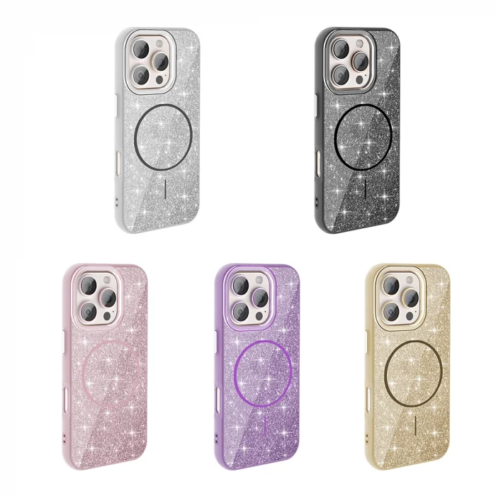 iPhone 16 Pro Kılıf M-safe Şarj Özellikli Parlayan Simli Okso Kapak