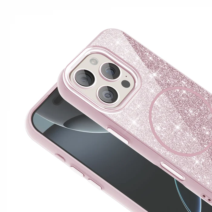 iPhone 16 Pro Kılıf M-safe Şarj Özellikli Parlayan Simli Okso Kapak